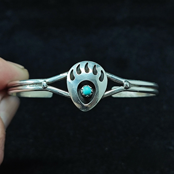 Sterling Silver Bear Paw Cuff Bracelet with Turquoise – Native American Inspired Tribal Bangle