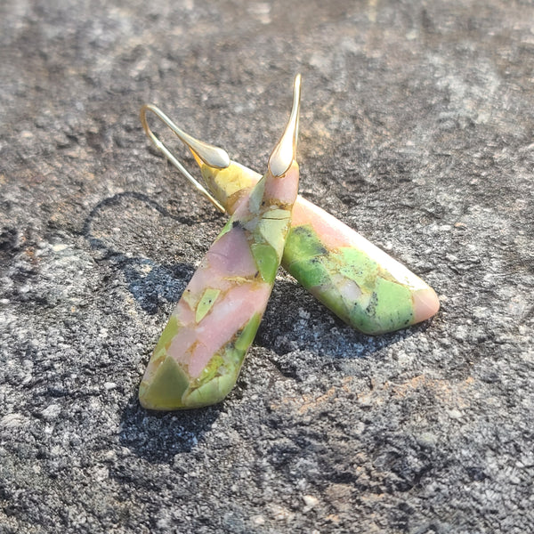 Handmade Pastel Green & Pink Mosaic Resin Earrings – Nature-Inspired Drop Earrings with Gold Hooks