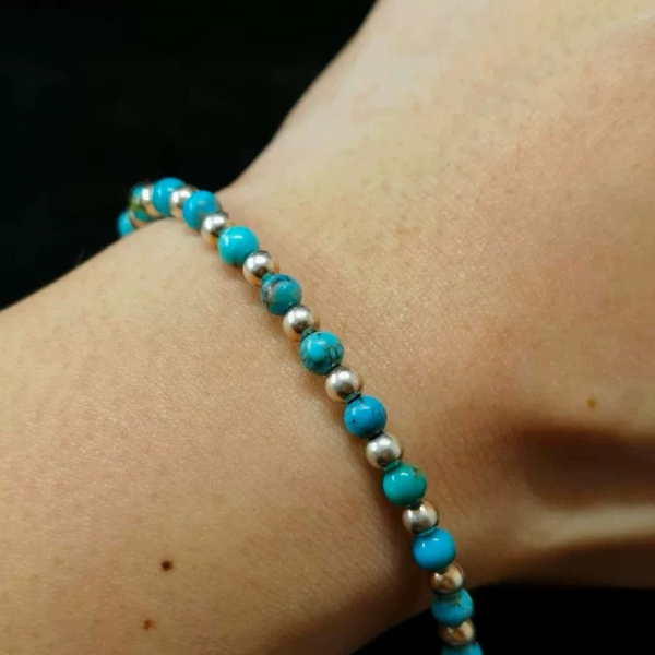 Turquoise and Silver Beaded Bracelet – Handmade Stretch Bracelet for Women and Men