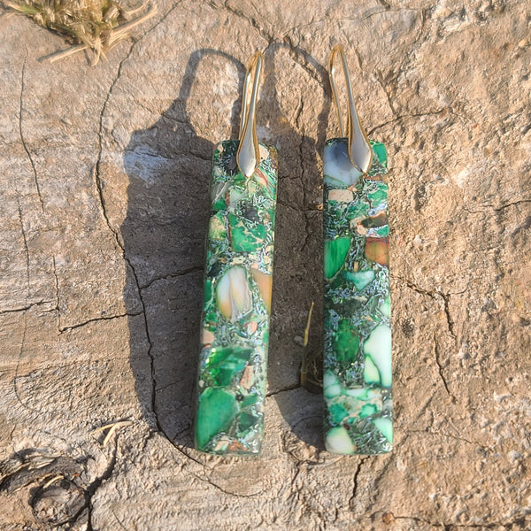 Handmade Forest Green Mosaic Resin Earrings – Long Rectangular Drop Earrings with Gold Hooks
