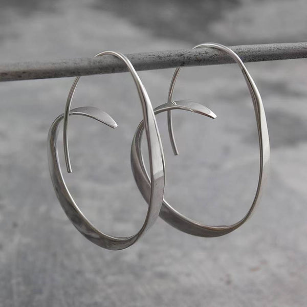 Minimalist Earrings – Twisted Hoop Silver-Tone Sculptural Statement Jewelry