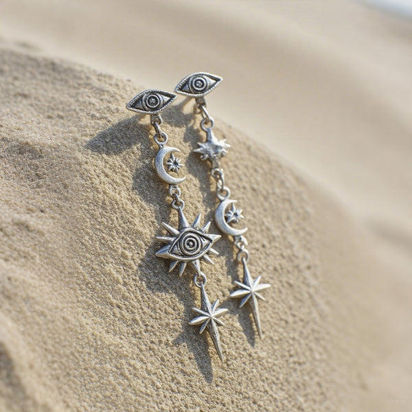 Celestial Eye Drop Earrings – Moon, Star & Eye Dangle Earrings in Antique Silver