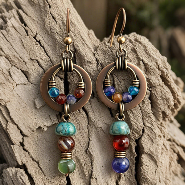 Boho Multicolor Gemstone Dangle Earrings – Vintage Bronze Hoop with Natural Stone Beads