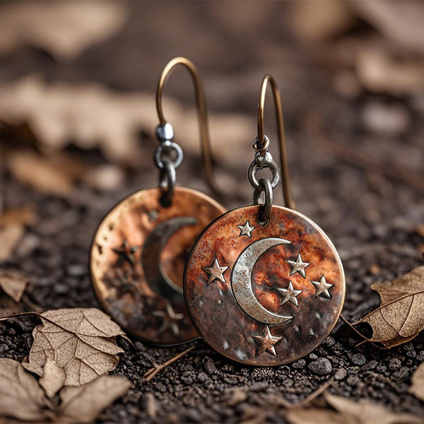 Vintage Copper Hoop Earrings – Crescent Moon & Stars Design