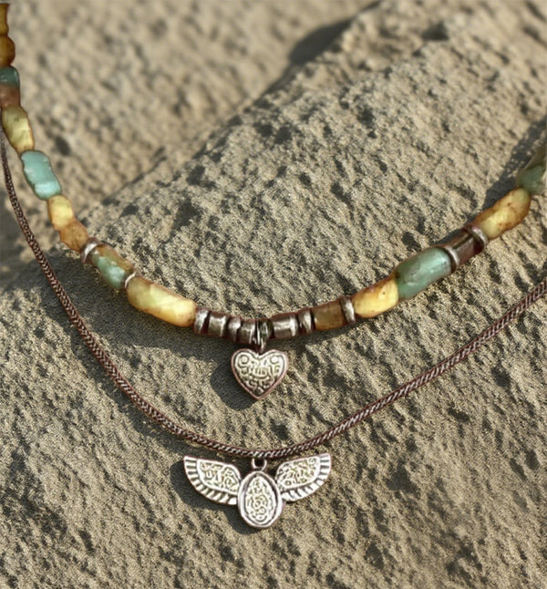Bohemian Double Layer Tribal Necklace – Natural Stone Beads with Antique Heart & Winged Charm Pendants