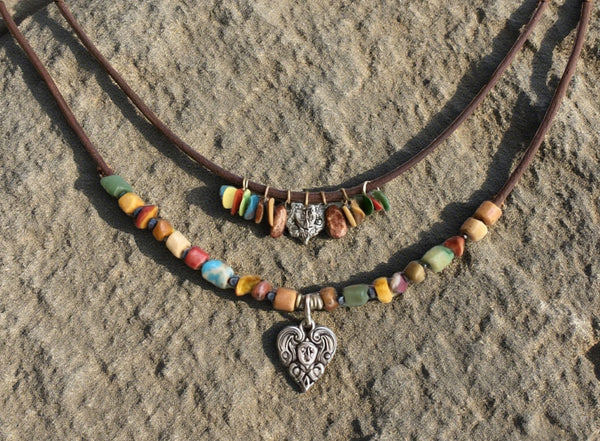 Boho Layered Beaded Necklace with Heart Pendant – Handmade Tribal Style with Natural Stone & Leather Cord