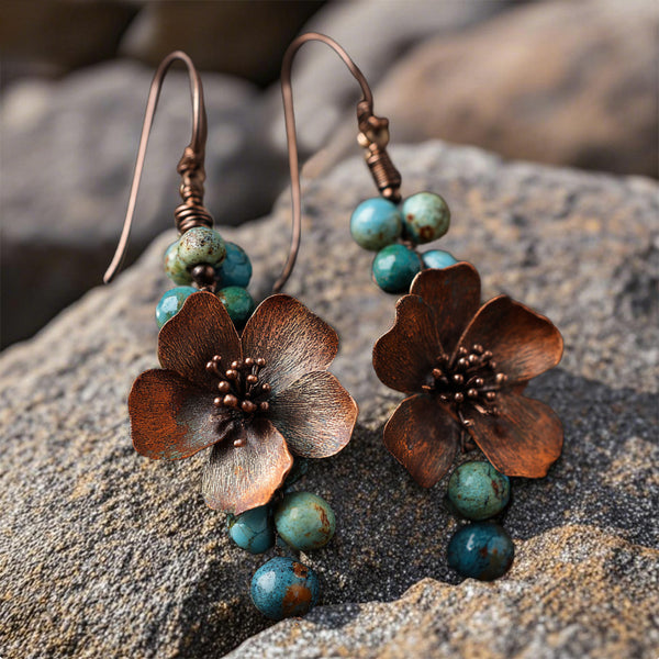 Rustic Copper Flower Earrings with Turquoise Bead Accents