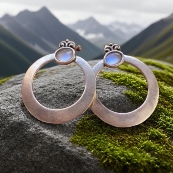 Moonstone & Lavender Gemstone Circle Earrings – Vintage Boho Dangle Design