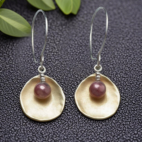 Modern Organic Drop Earrings – Gold Hammered Disc with Plum Bead