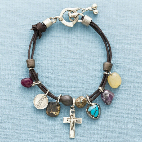 Boho Leather Charm Bracelet – Natural Stone Beads with Cross Pendant & Spiritual Charms
