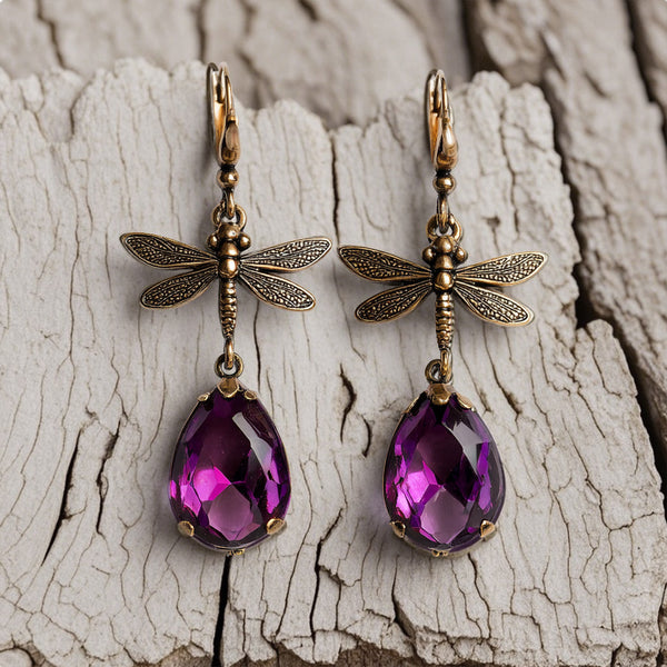 Vintage Dragonfly Drop Earrings – Antique Bronze with Purple Teardrop Crystal