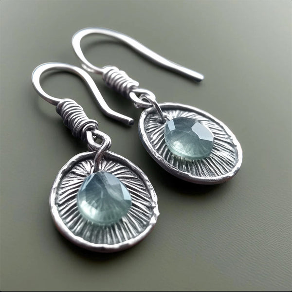 Handcrafted  Silver Drop Earrings – Faceted Aqua Gem with Sunburst Texture