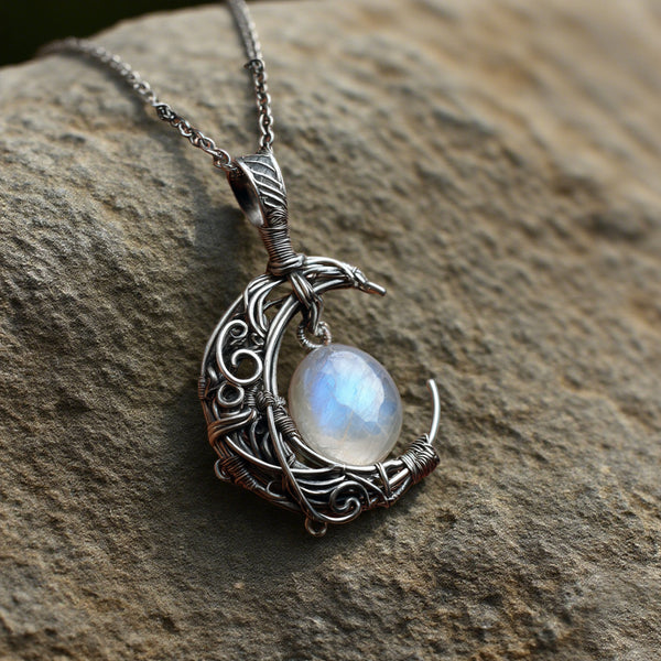 Handcrafted Crescent Moon Necklace with Rainbow Moonstone – Wire Wrapped Silver Lunar Pendant
