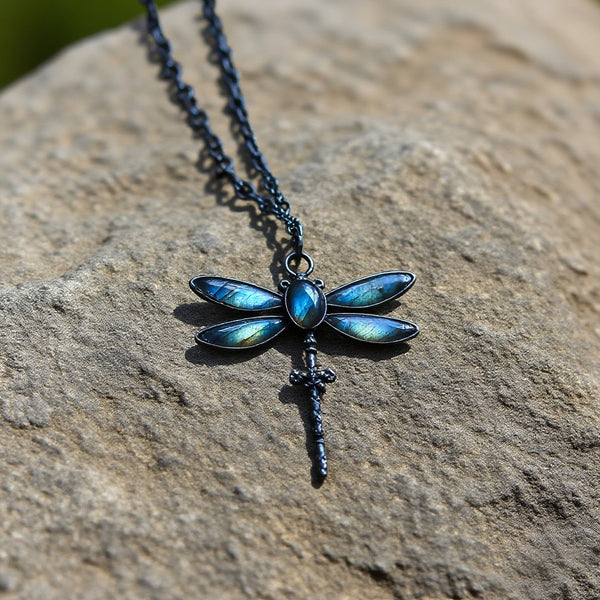 Luminous Dragonfly Pendant Necklace – Handmade Blue Iridescent Wings with Sword Detail, Gothic Nature-Inspired Jewelry