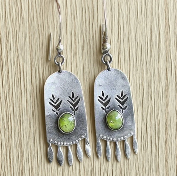 Tribal-Inspired Silver Dangle Earrings with Green Stone and Leaf Etching