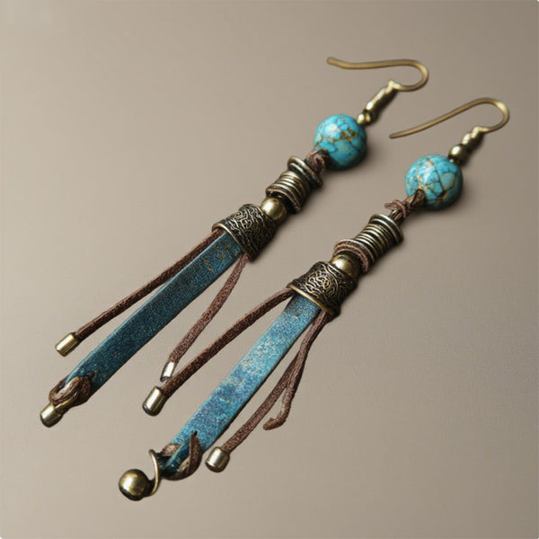 Bohemian Turquoise Leather Tassel Earrings