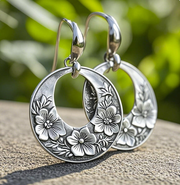 Floral Engraved Silver Crescent Hoop Earrings