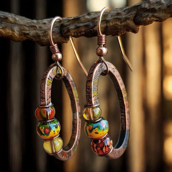 Handcrafted Boho Hoop Earrings – Rustic Copper with Colorful Art Glass Beads