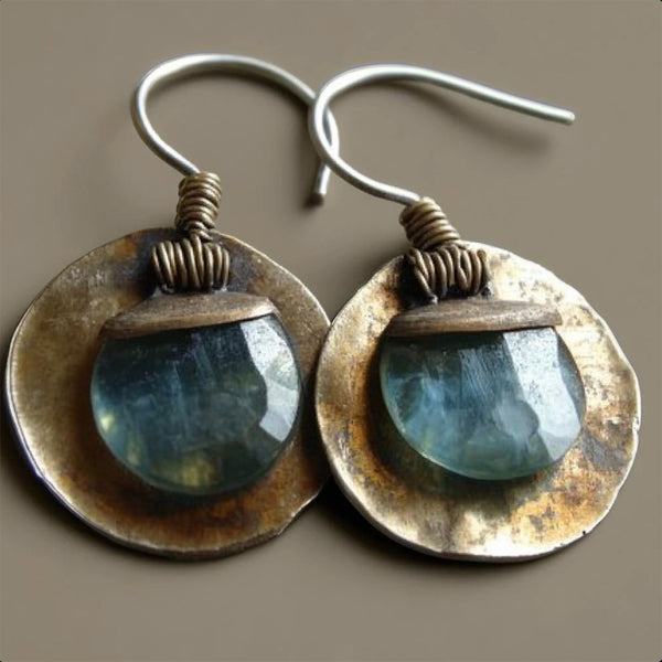 Rustic Boho Circle Earrings – Faceted Blue Gemstone Drops with Aged Brass Discs
