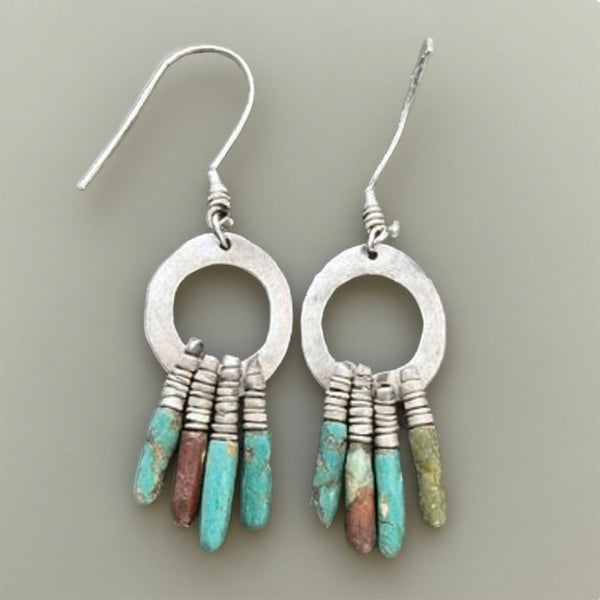 Handcrafted Rustic Hoop Earrings with Turquoise Stick Beads – Bohemian Tribal Style