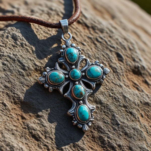 Turquoise Cross Pendant Necklace – Vintage Silver Western Jewelry