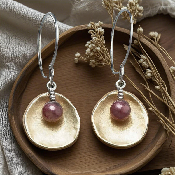 Elegant Gold and Pink Tourmaline Drop Earrings