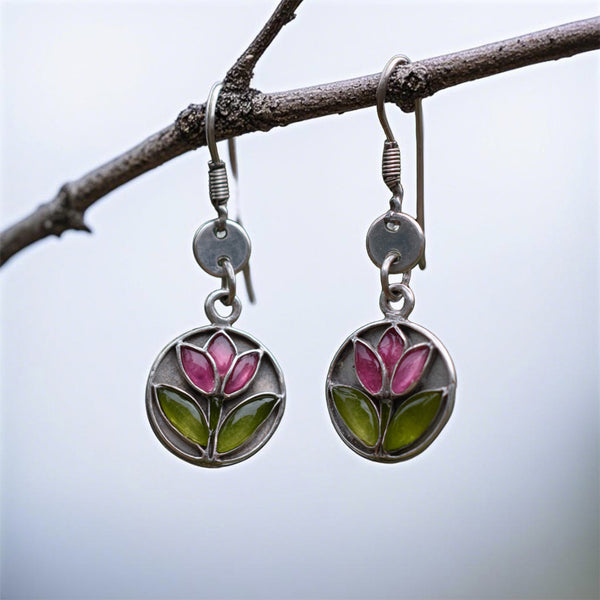 Stained Glass Flower Earrings – Pink & Green Enamel Floral Dangles in Silver Frame