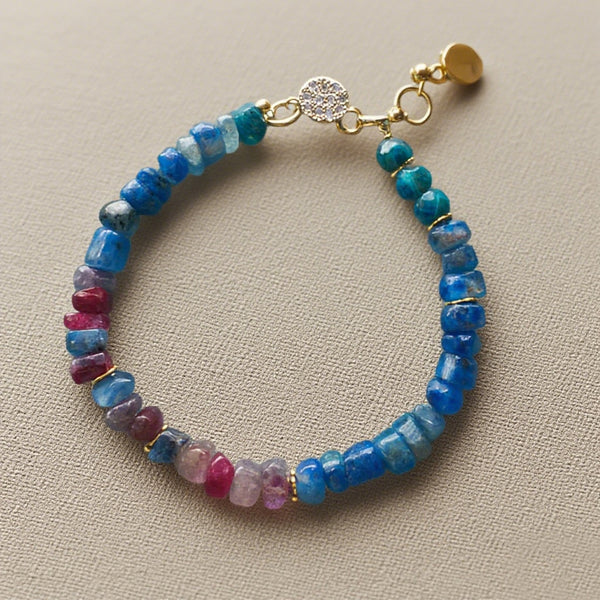 Natural Sapphire Gradient Bead Bracelet – Handcrafted Gemstone Jewelry with Gold Accents