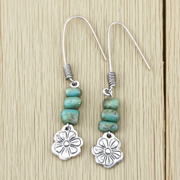 Boho Turquoise Beaded Earrings – Handcrafted Silver Floral & Turquoise Design