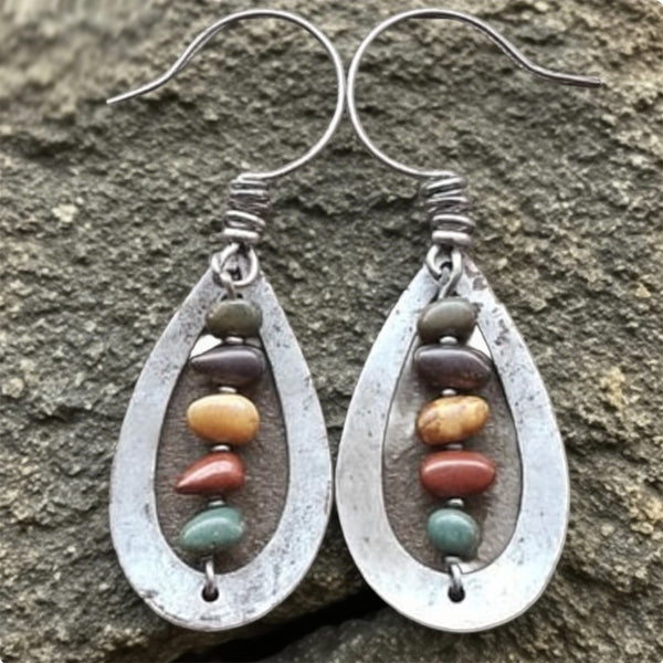 Boho Teardrop Metal Earrings with Multicolor Stone Beads