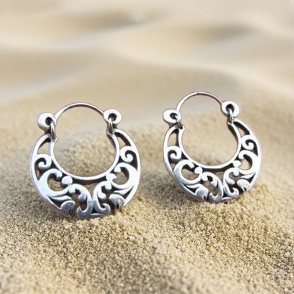 Boho Filigree Hoop Earrings – Vintage Silver Cutout Crescent Design