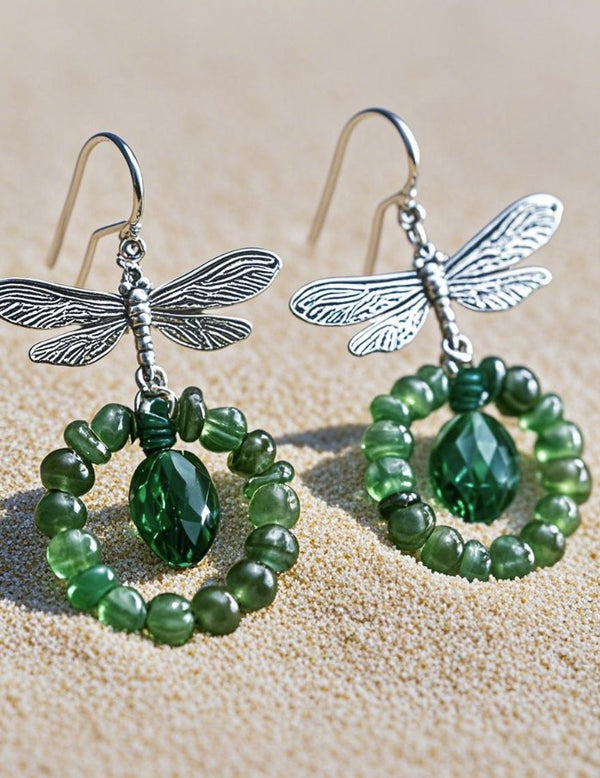 Nature-Inspired Dragonfly & Green Bead Drop Earrings