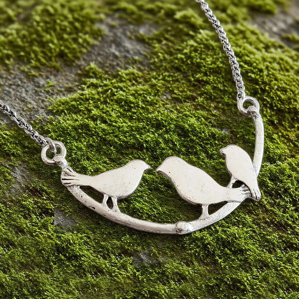 Sterling Silver Birds on Branch Necklace – Family-Inspired Nature Pendant Jewelry for Women & Girls