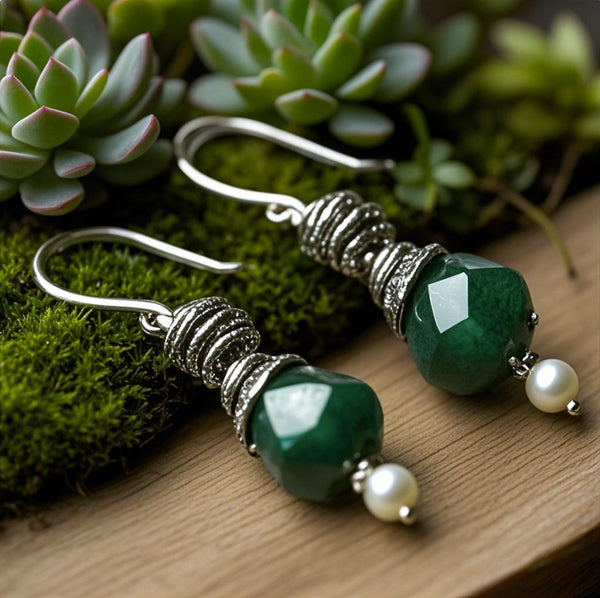 Green Aventurine and Pearl Drop Earrings