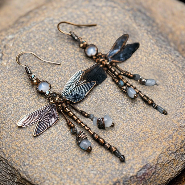 Vintage Dragonfly Dangle Earrings with Beads and Patina Wings