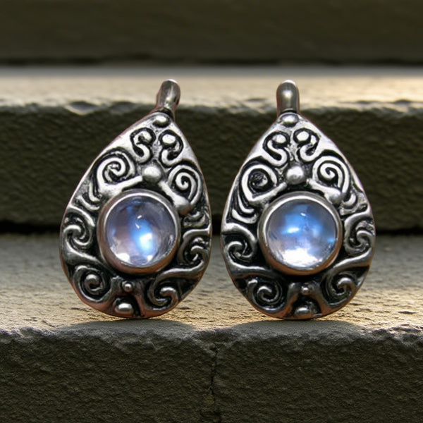 Moonstone Teardrop Earrings – Vintage Boho Sterling Silver Swirl Design Goddess Jewelry