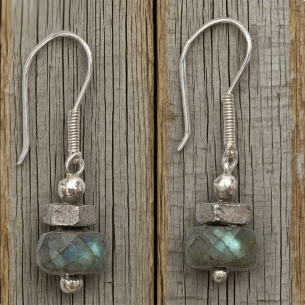 Minimalist Labradorite Drop Earrings with Silver Accents – Handmade Rustic Elegance