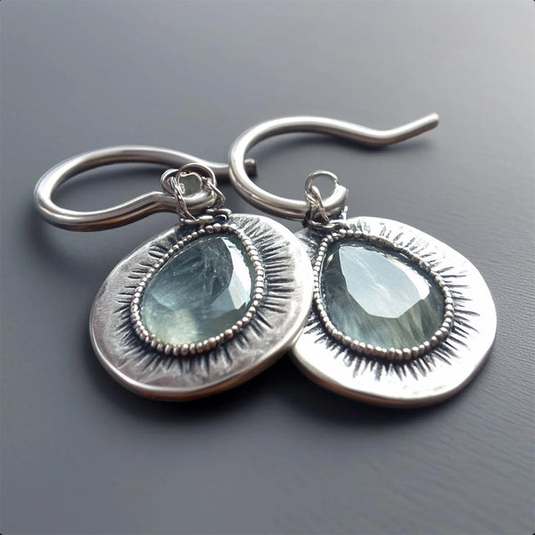 Elegant  Silver Teardrop Earrings – Faceted Gemstone Drops with Sunburst Detailing