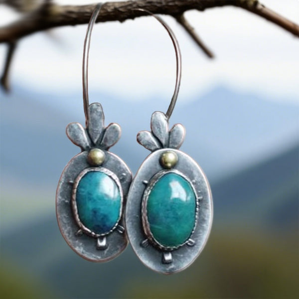 Rustic Oval Earrings with Turquoise Gemstones and Leaf Motif