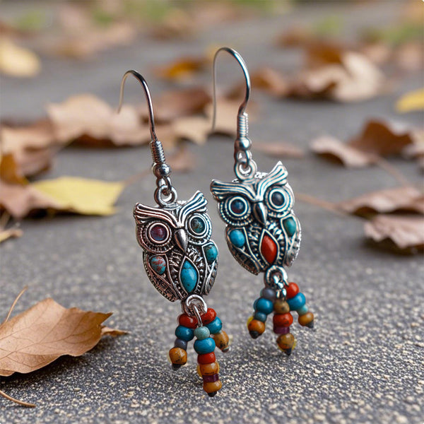 Boho Owl Dangle Earrings with Colorful Beaded Tassels