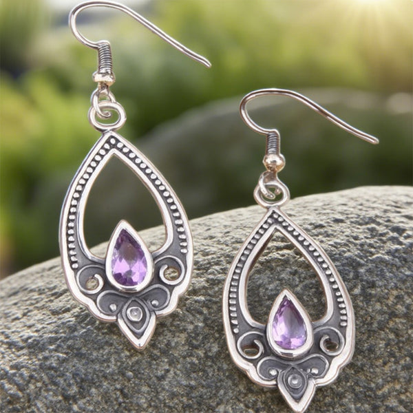 Vintage Teardrop Amethyst Earrings – Boho Filigree Drop Design in Antique Silver