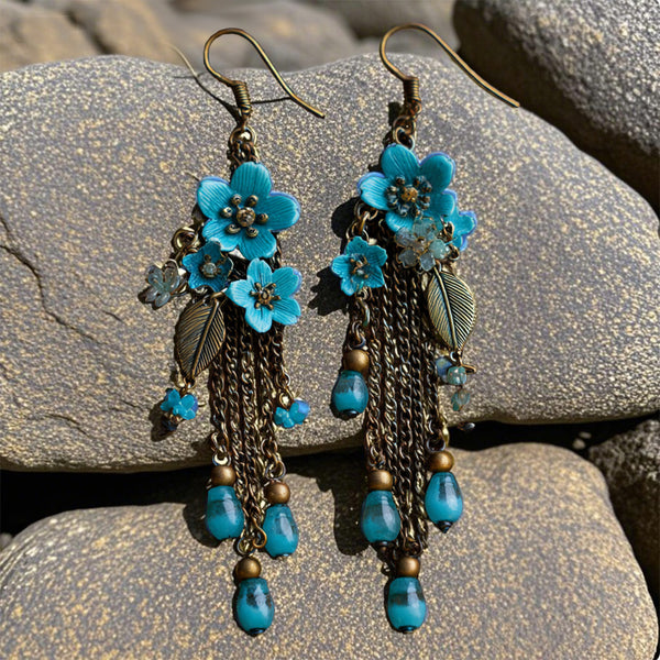 Bohemian Blue Floral Tassel Earrings
