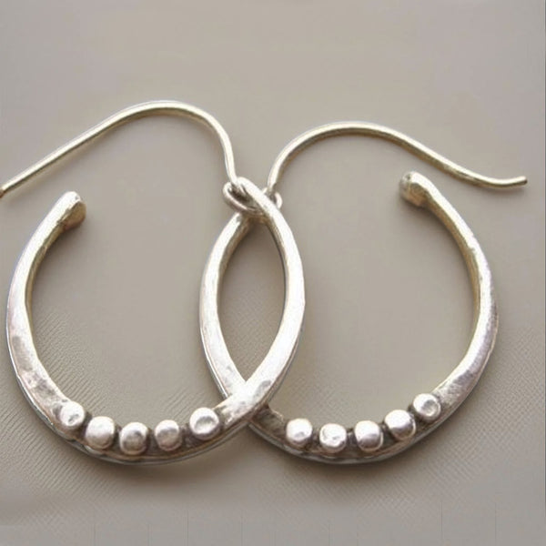 Minimalist  Silver Drop Earrings – Handcrafted Organic Oval Hoops with Dot Detail
