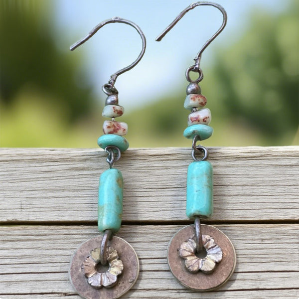 Earrings With Turquoise Beads And Rustic Floral Disc