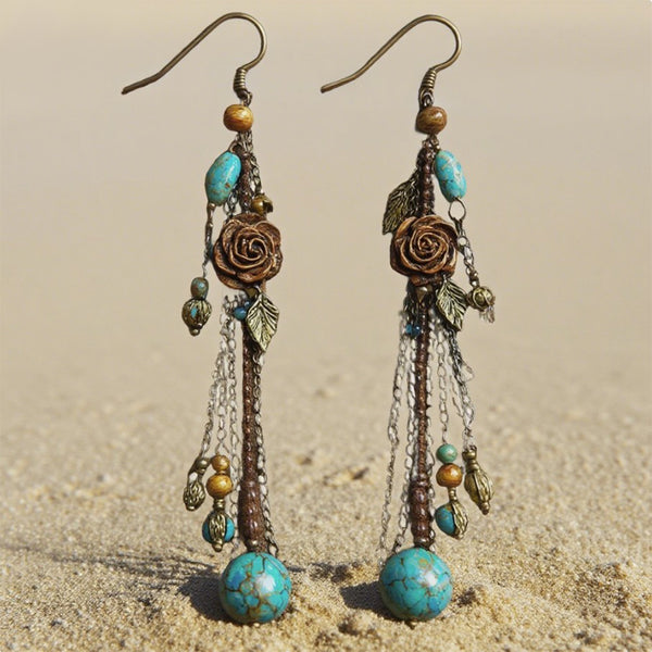 Boho Rose & Turquoise Bead Dangle Earrings – Vintage Floral Long Drop Design