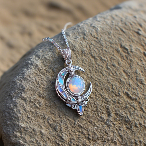 Mystic Opal Necklace – Silver Crescent Moon Pendant for Boho & Fantasy Lovers