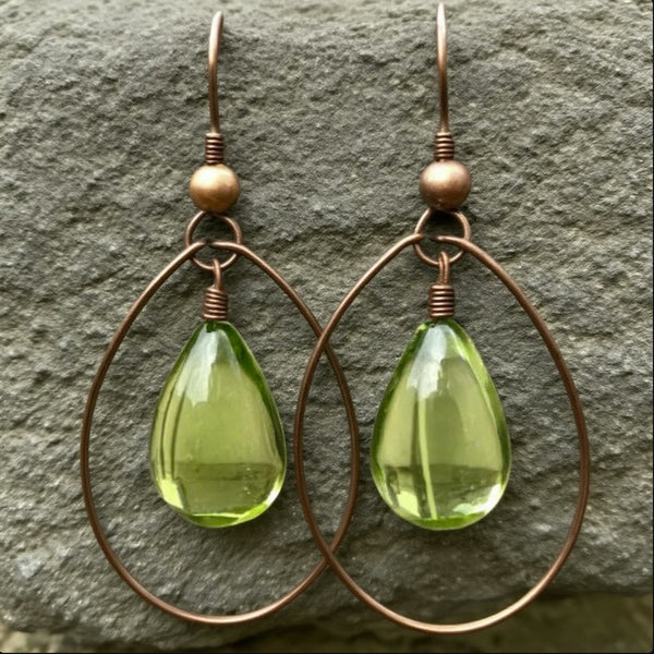 Olive Green Handmade Teardrop Earrings – Rustic Copper Frame with Glass Drop Bead