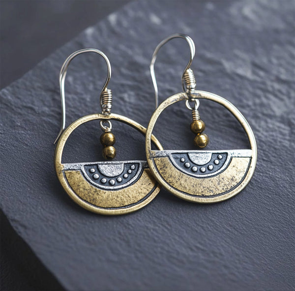Boho Tribal Circle Earrings – Mixed Metal Geometric Dangle Earrings with Brass Beads