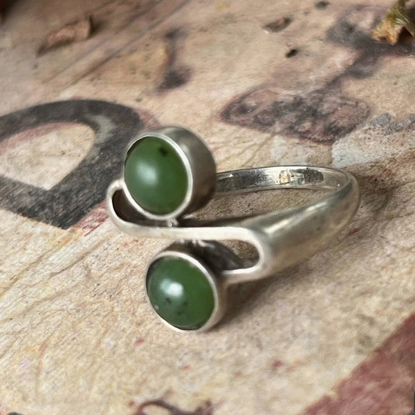 Sterling Silver Open Ring with Dual Green Stones – Minimalist Yin Yang Inspired Adjustable Jewelry