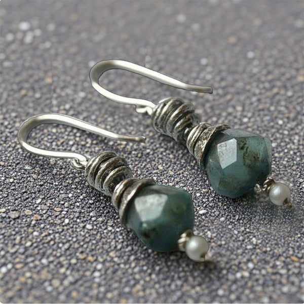 Boho Ocean-Inspired Drop Earrings – Raw Green Gemstone with Antique Silver Accents